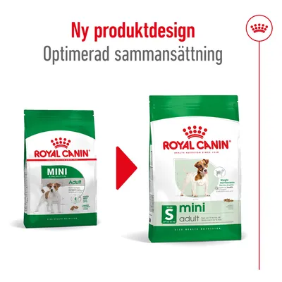 Royal Canin Mini Adult hundfoder, bild på gammal och ny förpackning. Text: Ny produktdesign, Optimerad sammansättning.