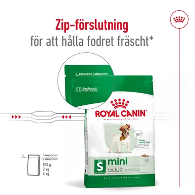 Royal Canin Mini Adult hundfoder med zip-förslutning, text: Zip-förslutning för att hålla fodret fräscht, easyopen & zipsystem, freshpack. Storlekar: 800 g, 2 kg, 4 kg.