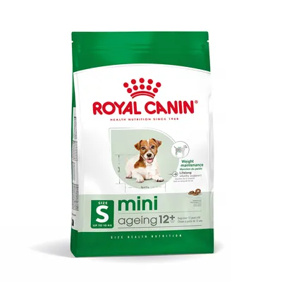 Royal Canin mini ageing 12+ hondenvoer, size S tot 10 kg, weight maintenance, vitality support. Verpakking met afbeelding van kleine hond en brokjes. Tekst deels in het Engels.