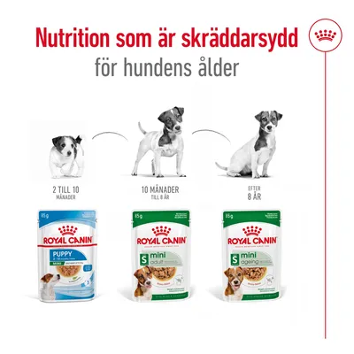 Royal Canin våtfoder för små hundar: Puppy 2 till 10 månader, Mini Adult 10 månader till 8 år, Mini Ageing efter 8 år. Text: Nutrition som är skräddarsydd för hundens ålder.