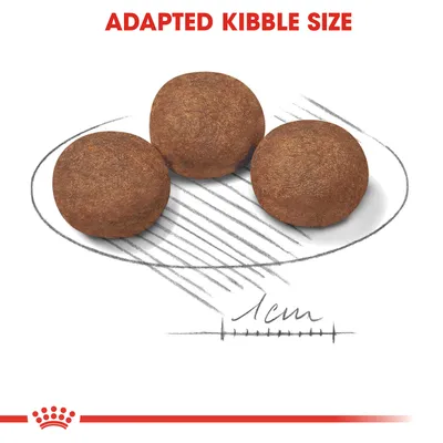 Kolme pyöreää nappulaa, halkaisija noin 1 cm. Yläreunassa teksti: ADAPTED KIBBLE SIZE.