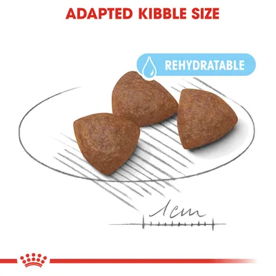 Kolme nappulaa, koko noin 1 cm. Teksti: ADAPTED KIBBLE SIZE, REHYDRATABLE.