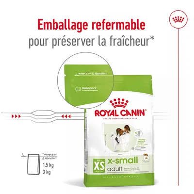 Emballage refermable Royal Canin x-small adult, texte visible : easyopen & zipsystem, freshpack protective atmosphere, tailles 1,5 kg et 3 kg, pour préserver la fraîcheur.