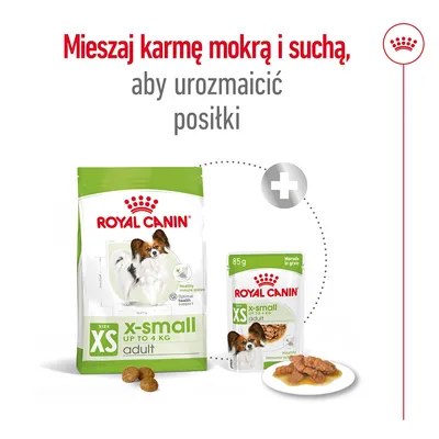 ROYAL CANIN x-small adult do 4 kg: opakowanie karmy suchej i mokrej 85 g, pies na etykiecie. Zalecenie: Mieszaj karmę mokrą i suchą, aby urozmaicić posiłki.