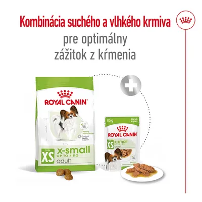 Royal Canin x-small adult suché a vlhké krmivo pre psy do 4 kg, kombinácia balenia. Text: Kombinácia suchého a vlhkého krmiva pre optimálny zážitok z kŕmenia.