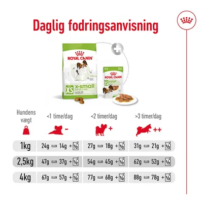 Daglig fodringsanvisning for Royal Canin XS x-small adult: tabel med anbefalet mængde tør- og vådfoder pr. hundevægt (1 kg, 2,5 kg, 4 kg) og aktivitetsniveau.