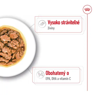 Miska s kúskami krmiva v omáčke, text: Vysoko stráviteľné živiny. Obohatený o EPA, DHA a vitamín C.