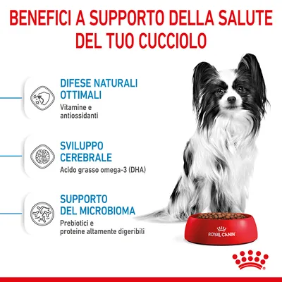 Benefici per la salute del cucciolo: difese naturali ottimali (vitamine e antiossidanti), sviluppo cerebrale (acido grasso omega-3 DHA), supporto del microbioma (prebiotici, proteine digeribili). Royal Canin.