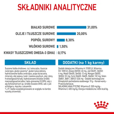 Składniki analityczne: białko surowe 31 %, tłuszcze 20 %, popiół 8,3 %, włókno 1,5 %, kwasy omega-3 (DHA) 0,17 %. Skład i dodatki podane szczegółowo poniżej. Składniki analityczne: białko surowe 31 %, tłuszcze 20 %, popiół 8,3 %, włókno 1,5 %, kwasy omega-3 (DHA) 0,17 %. Skład i dodatki podane szczegółowo poniżej.