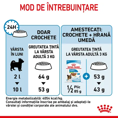 Instrucțiuni de hrănire Royal Canin Puppy: doar crochete 64 g/53 g sau amestec 1/2 plic 85 g + 53 g/43 g, pentru greutatea adultă 3 kg. Energie metabolizabilă: 4054 kcal/kg.