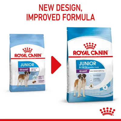 Royal Canin Junior Giant food packaging update showing new design and improved formula for adult weight over 45 kg, suitable for 8-18/24 months.