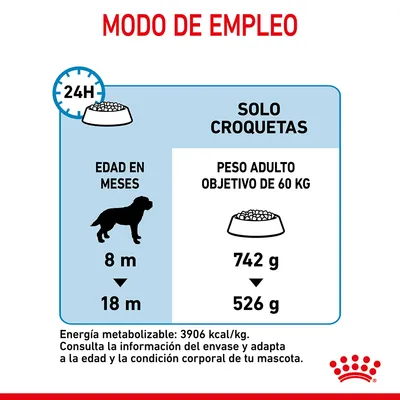 Modo de empleo: solo croquetas para perros de 8 a 18 meses, peso adulto objetivo 60 kg, cantidad diaria de 742 g a 526 g. Energía metabolizable: 3906 kcal/kg.