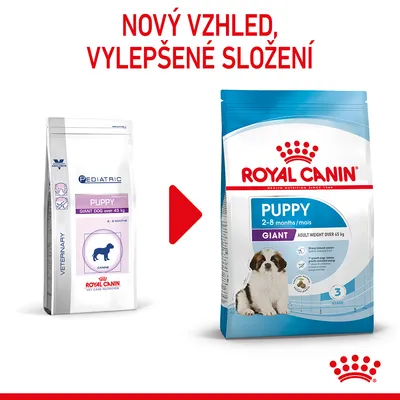 Porovnání starého a nového balení Royal Canin Puppy Giant Dog nad 45 kg, text: Nový vzhled, vylepšené složení. Na novém obalu štěně, věk 2–8 měsíců.