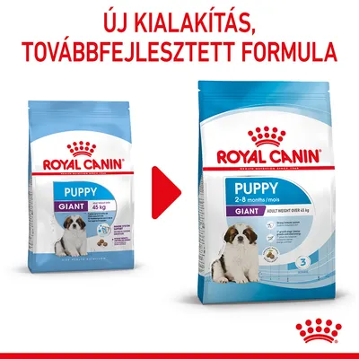 Royal Canin Puppy Giant kutyatáp régi és új csomagolása, felül: Új kialakítás, továbbfejlesztett formula. Bal: 45 kg, jobb: 2–8 months/mois, adult weight over 45 kg.
