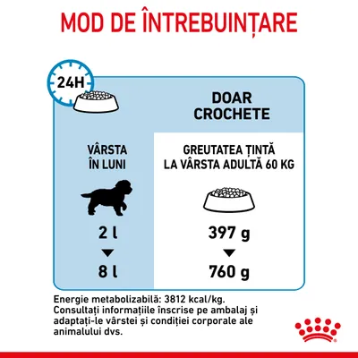 Instrucțiuni de hrănire: vârstă în luni 2–8, greutatea țintă la adult 60 kg, doar crochete 397–760 g pe zi. Energie metabolizabilă 3812 kcal/kg.