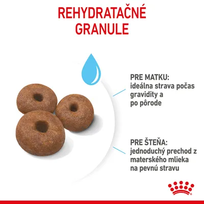Rehydratačné granule. Pre matku: ideálna strava počas gravidity a po pôrode. Pre šteňa: jednoduchý prechod z materského mlieka na pevnú stravu. Zobrazené tri granule.