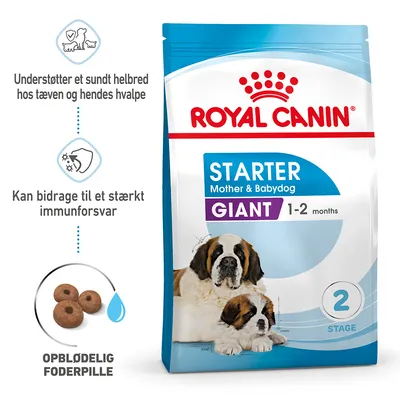 Royal Canin Starter Mother & Babydog Giant 1–2 months. Understøtter et sundt helbred hos tæven og hendes hvalpe. Kan bidrage til et stærkt immunforsvar. Oplødelig foderpille.