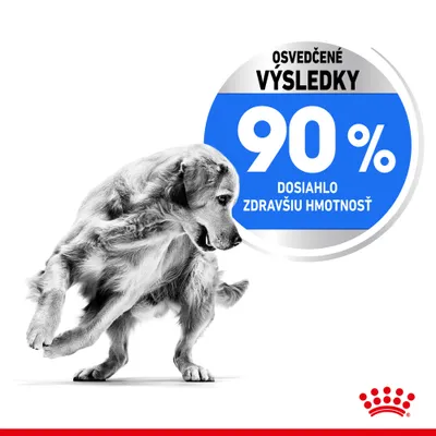 Osvedčené výsledky: 90 % dosiahlo zdravšiu hmotnosť. Text v slovenčine na modrom kruhu vedľa psa, dole červený znak Royal Canin.