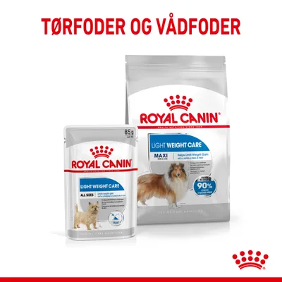 Royal Canin Light Weight Care tørfoder og vådfoder til hund, synlige poser med tekst: MAXI, Helps Limit Weight Gain, 90% positive results, All Sizes, 85 g.