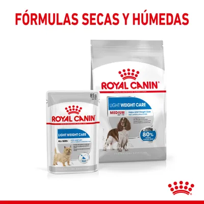 ROYAL CANIN Light Weight Care, fórmulas secas y húmedas para perros. Envases visibles: bolsa grande Medium y sobre pequeño All Sizes, texto en inglés y español.