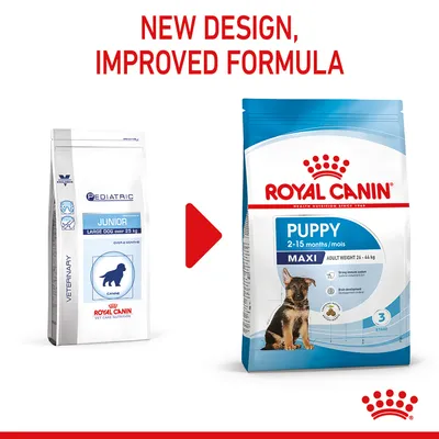 Image showing change from Royal Canin Junior Large Dog to Royal Canin Puppy Maxi 2-15 months, with text 'New design, improved formula' above the packaging.