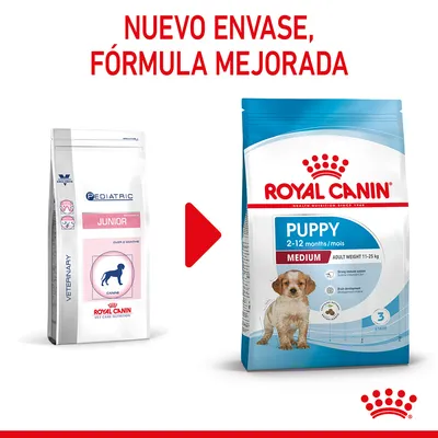 Cambio de envase y fórmula mejorada: Royal Canin Pediatric Junior pasa a Royal Canin Puppy Medium 2–12 months, peso adulto 11–25 kg. Imagen de ambos sacos y texto 'Nuevo envase, fórmula mejorada'.