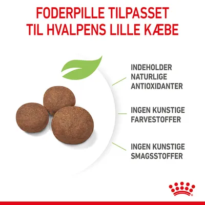 Foderpille tilpasset hvalpens lille kæbe. Indeholder naturlige antioxidanter, ingen kunstige farvestoffer, ingen kunstige smagsstoffer. Tre brune foderpiller vist.