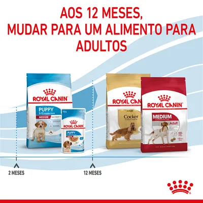 Aos 12 meses, mudar para um alimento para adultos. Embalagens Royal Canin Puppy 2–12 months e Adult Cocker, Medium Adult. Indicação: 2 meses até 12 meses, depois alimentação adulta.