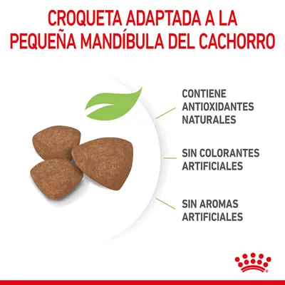 Croqueta adaptada a la pequeña mandíbula del cachorro. Contiene antioxidantes naturales, sin colorantes artificiales, sin aromas artificiales. Imagen de croquetas marrones.