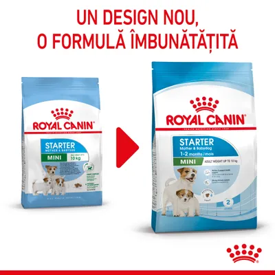 Royal Canin Starter Mother & Babydog Mini, design vechi și nou de ambalaj. Text sus: Un design nou, o formulă îmbunătățită. Ambalaje cu câini mici vizibili pe ambele pungi.
