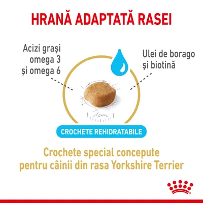 Hrană adaptată rasei. Acizi grași omega 3 și omega 6, ulei de borago și biotină. Crochete rehidratabile special concepute pentru câinii din rasa Yorkshire Terrier.
