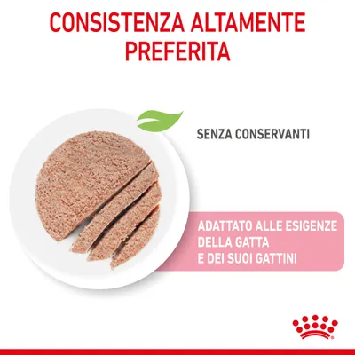 Consistenza altamente preferita, senza conservanti, adattato alle esigenze della gatta e dei suoi gattini. Immagine di alimento umido affettato su piatto bianco.