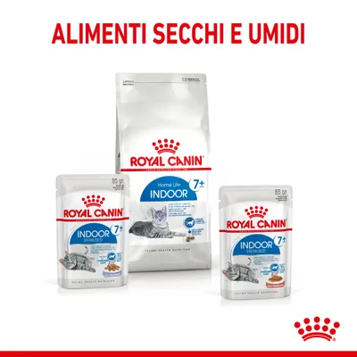 ROYAL CANIN Indoor 7+ alimenti secchi e umidi per gatti, confezioni visibili con scritte: Home Life Indoor, Sterilised, 85 g, immagini di gatto su ogni confezione.
