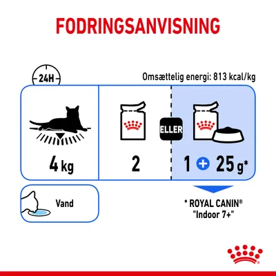 Fodringsanvisning for kat på 4 kg: enten 2 dåser eller 1 dåse plus 25 g tørfoder. Omsættelig energi: 813 kcal/kg. Vand anbefales. Royal Canin Indoor 7+ nævnt.