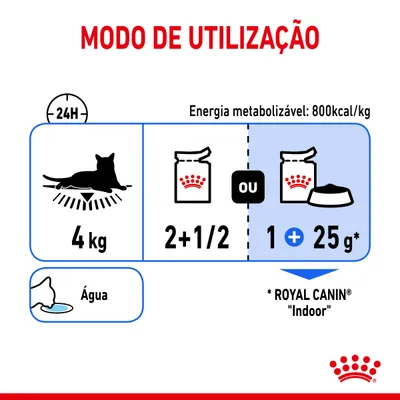 Modo de utilização: para gato de 4 kg, dar 2+1/2 saquetas ou 1 saqueta mais 25 g de Royal Canin Indoor. Energia metabolizável: 800 kcal/kg. Água disponível.