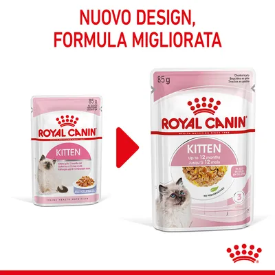 Royal Canin Kitten 85 g, confronto tra vecchio e nuovo design della confezione. Testo visibile: 'NUOVO DESIGN, FORMULA MIGLIORATA', 'Up to 12 months', 'No preservatives'.