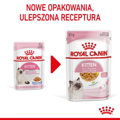 Nowe opakowanie karmy Royal Canin Kitten 85 g, ulepszona receptura. Widoczne dwa warianty: stare i nowe opakowanie z kotem oraz informacją 'Up to 12 months'.