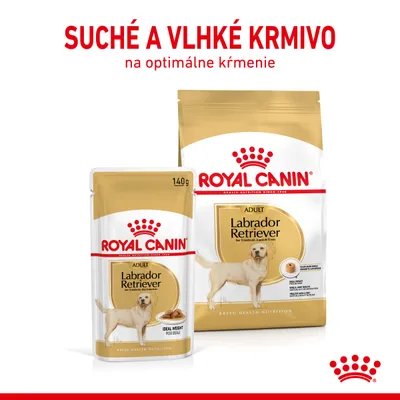 ROYAL CANIN ADULT Labrador Retriever suché a vlhké krmivo, balenie 140 g a veľké vrece. Text: Suché a vlhké krmivo na optimálne kŕmenie.