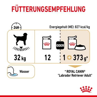 Fütterungsempfehlung für Labrador Retriever Adult: 32kg Hund, täglich 12 Dosen oder 1 Dose + 373g Trockenfutter. Energiegehalt 827 kcal/kg. Wasser bereitstellen.