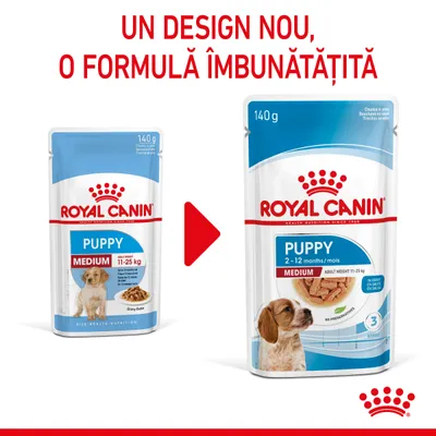 Royal Canin Puppy Medium 140g, ambalaj vechi și nou. Text vizibil: „UN DESIGN NOU, O FORMULĂ ÎMBUNĂTĂȚITĂ”, „PUPPY MEDIUM 11–25 kg”, „2–12 months/mois”, „NO PRESERVATIVES”.