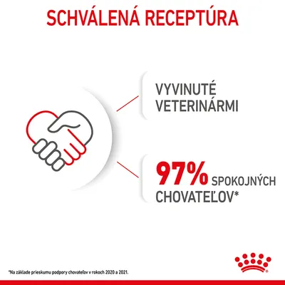 Schválená receptúra, vyvinuté veterinármi, 97 % spokojných chovateľov. Na základe prieskumu podpory chovateľov v rokoch 2020 a 2021.