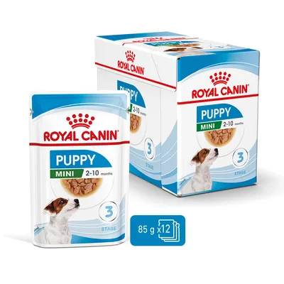 Royal Canin Puppy Mini 2–10 months, lot de 12 sachets de 85 g. Visuel du paquet et de la boîte avec un chiot, mention Stage 3.