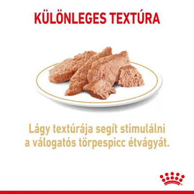 KÜLÖNLEGES TEXTÚRA. Lágy textúrája segít stimulálni a válogatós törpespicc étvágyát. Tányéron szeletelt nedves eledel látható.