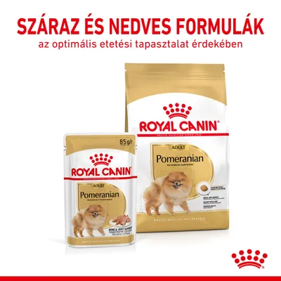 Royal Canin Adult Pomeranian száraz és nedves kutyaeledel csomagolás, 85 g tasak és nagyobb zacskó. Felirat: Száraz és nedves formulák az optimális etetési tapasztalat érdekében.