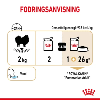Fodringsanvisning for hund 2 kg: 2 portioner vådfoder eller 1 portion vådfoder plus 26 g tørfoder. Omsættelig energi: 933 kcal/kg. Vand anbefales. ROYAL CANIN Pomeranian Adult.