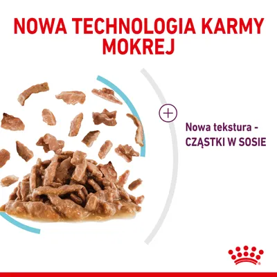 Nowa technologia karmy mokrej. Nowa tekstura – cząstki w sosie. Widoczne kawałki karmy w sosie na białym tle, logo Royal Canin.