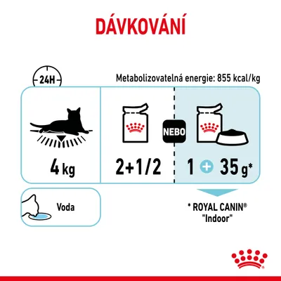 Dávkování pro kočku 4 kg: 2 a půl kapsičky nebo 1 kapsička plus 35 g suchého krmiva Royal Canin Indoor, metabolizovatelná energie 855 kcal/kg, voda.