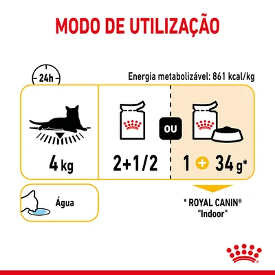 Modo de utilização: para gato de 4 kg, dar 2+1/2 saquetas ou 1 saqueta mais 34 g de Royal Canin Indoor seco por dia. Energia metabolizável: 861 kcal/kg. Água sempre disponível.