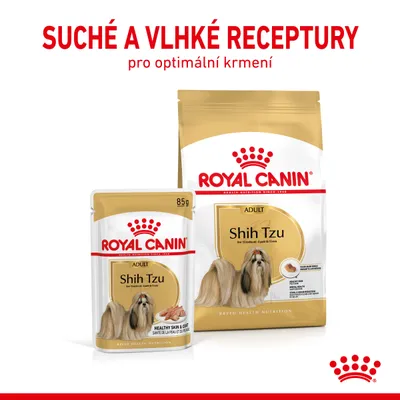 ROYAL CANIN ADULT Shih Tzu suché a vlhké krmivo, balení 85 g a větší pytel. Text: SUCHÉ A VLHKÉ RECEPTURY pro optimální krmení.