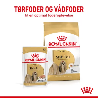 Royal Canin Shih Tzu Adult tørfoder og vådfoder. Tekst: TØRFODER OG VÅDFODER til en optimal foderoplevelse. 85 g pose og stor pakke med billede af Shih Tzu hund.